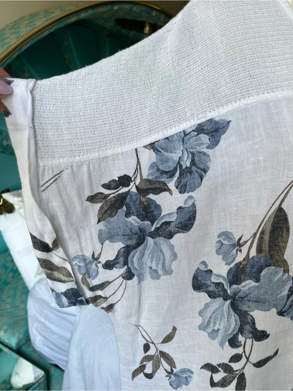 Lungo L’Ajno Linen Tunic Top 3X Blue Floral White Resort Beach Cover Up - Picture 5 of 9